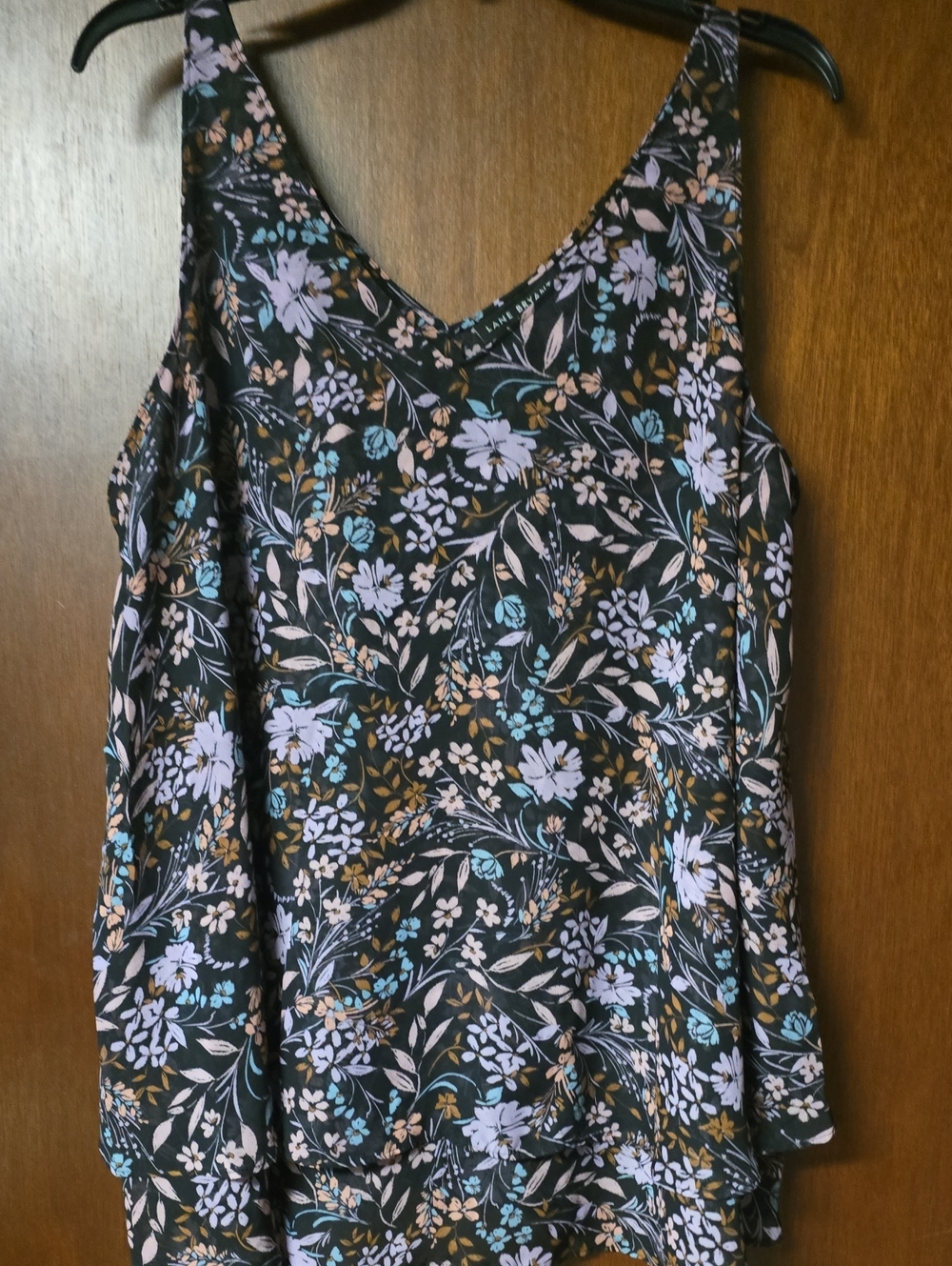 Lane Bryant Black Floral V-Neck Swimg Top with Lilac & Teal Accents